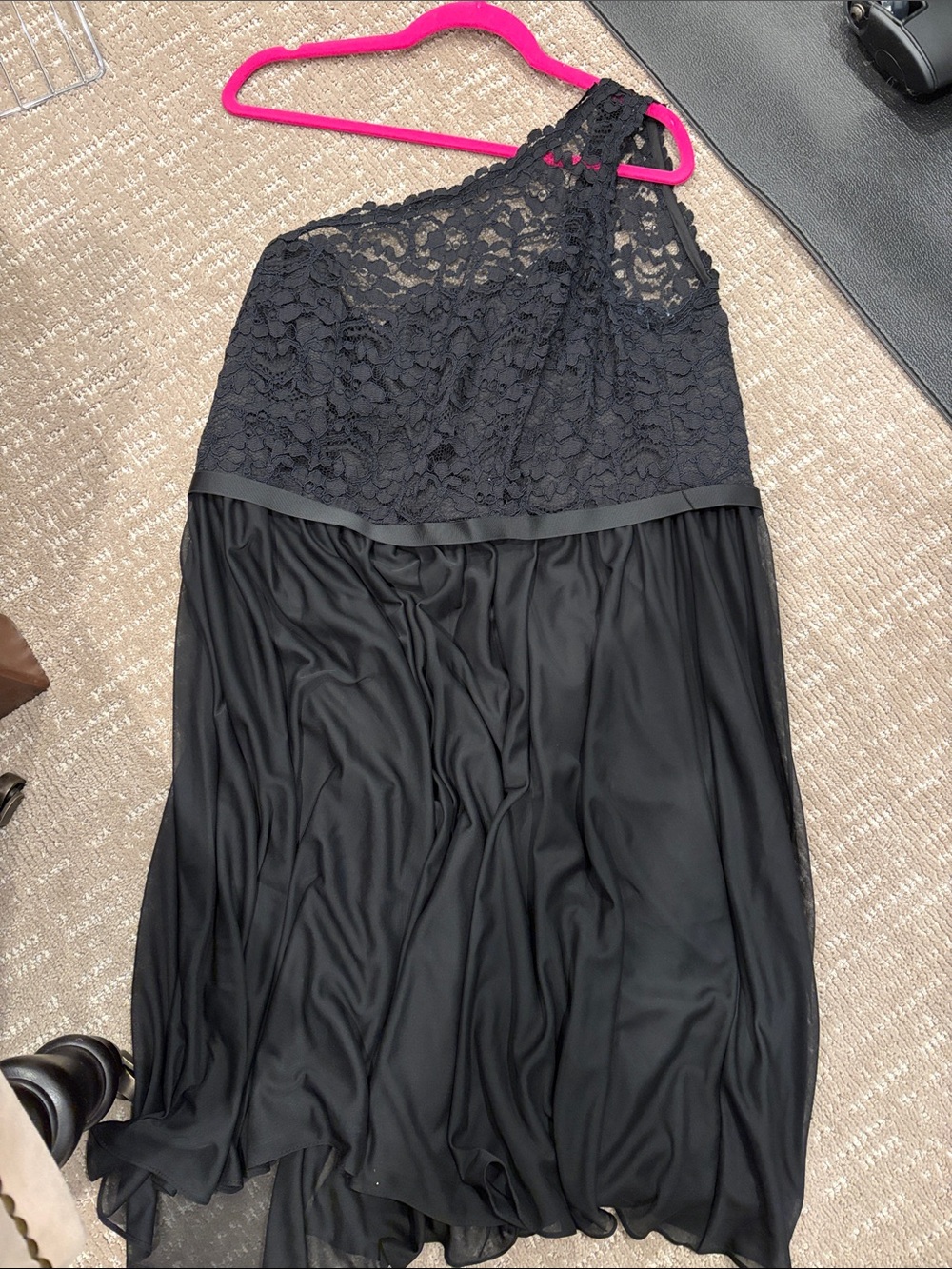 David's Bridal Black One-Shoulder Lace Mini Dress
